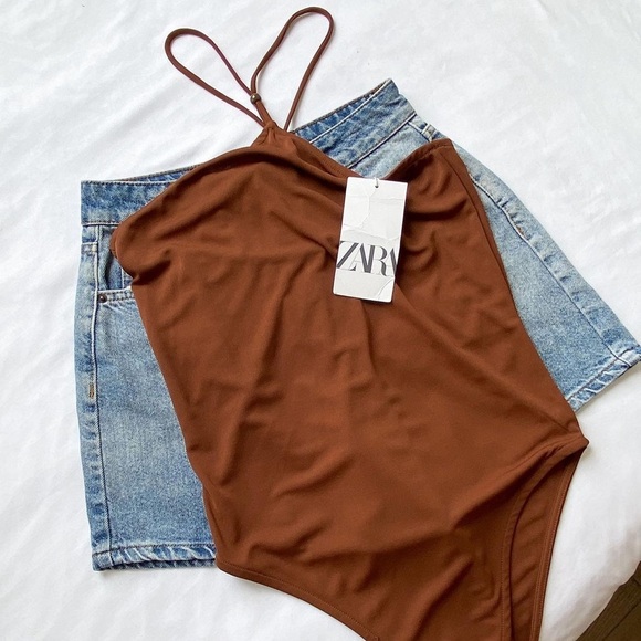Zara Tops - NWOT Zara High Neck bodysuit with Beaded Detail in Brown Size S